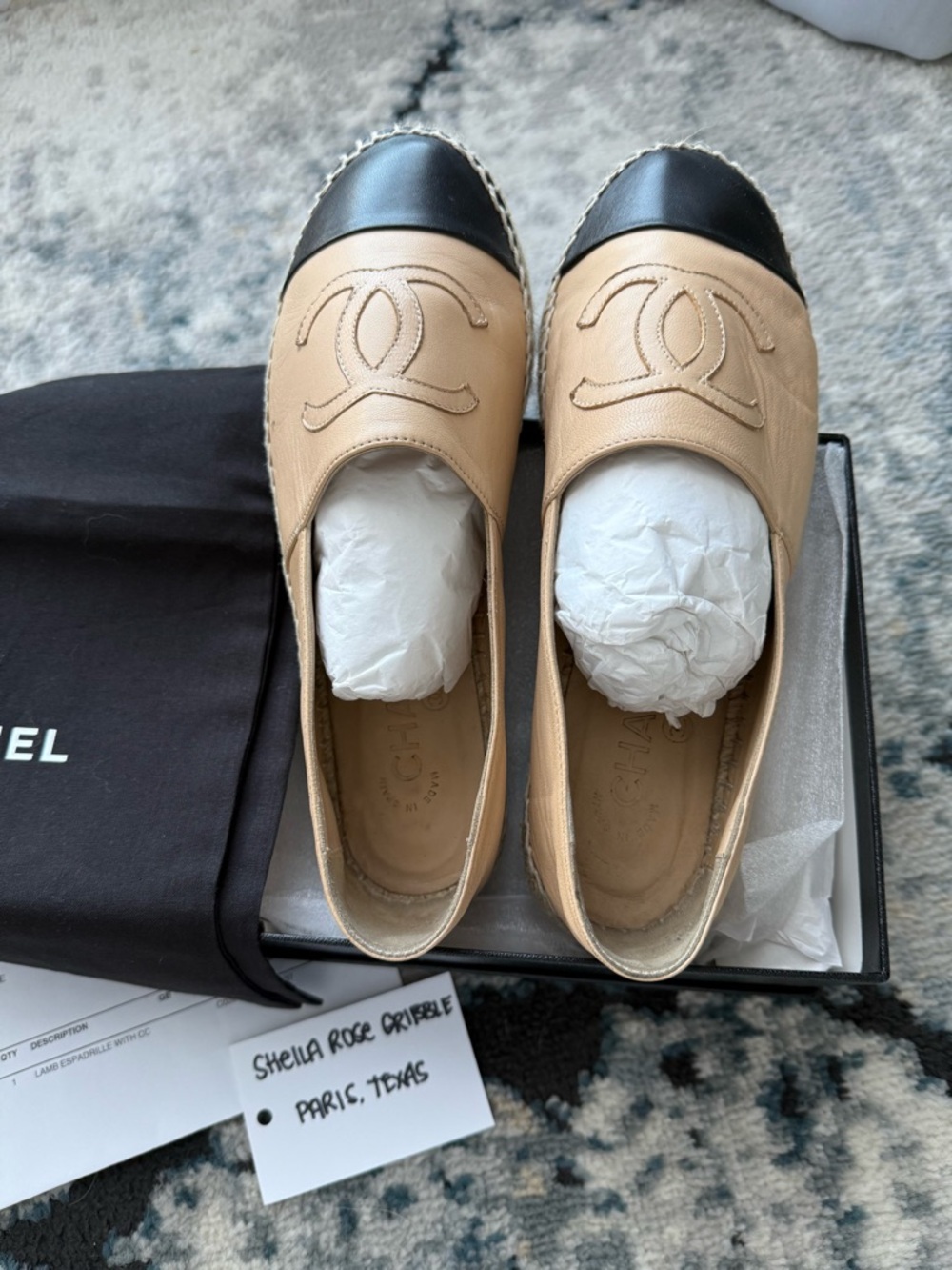 CHANEL Beige Leather Espadrille Flats with Black Cap Toe 37